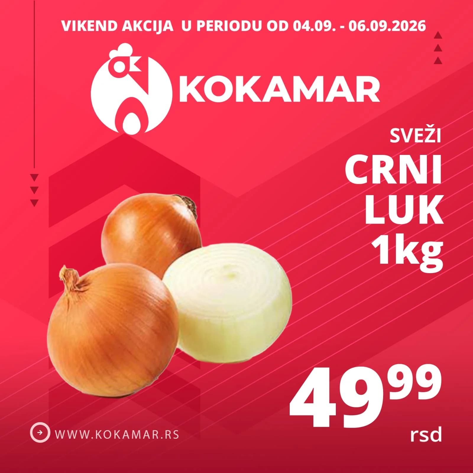 Vikend akcija Kokamar – svež crni luk 1kg 49,99 rsd (04.09.–06.09.2026.)