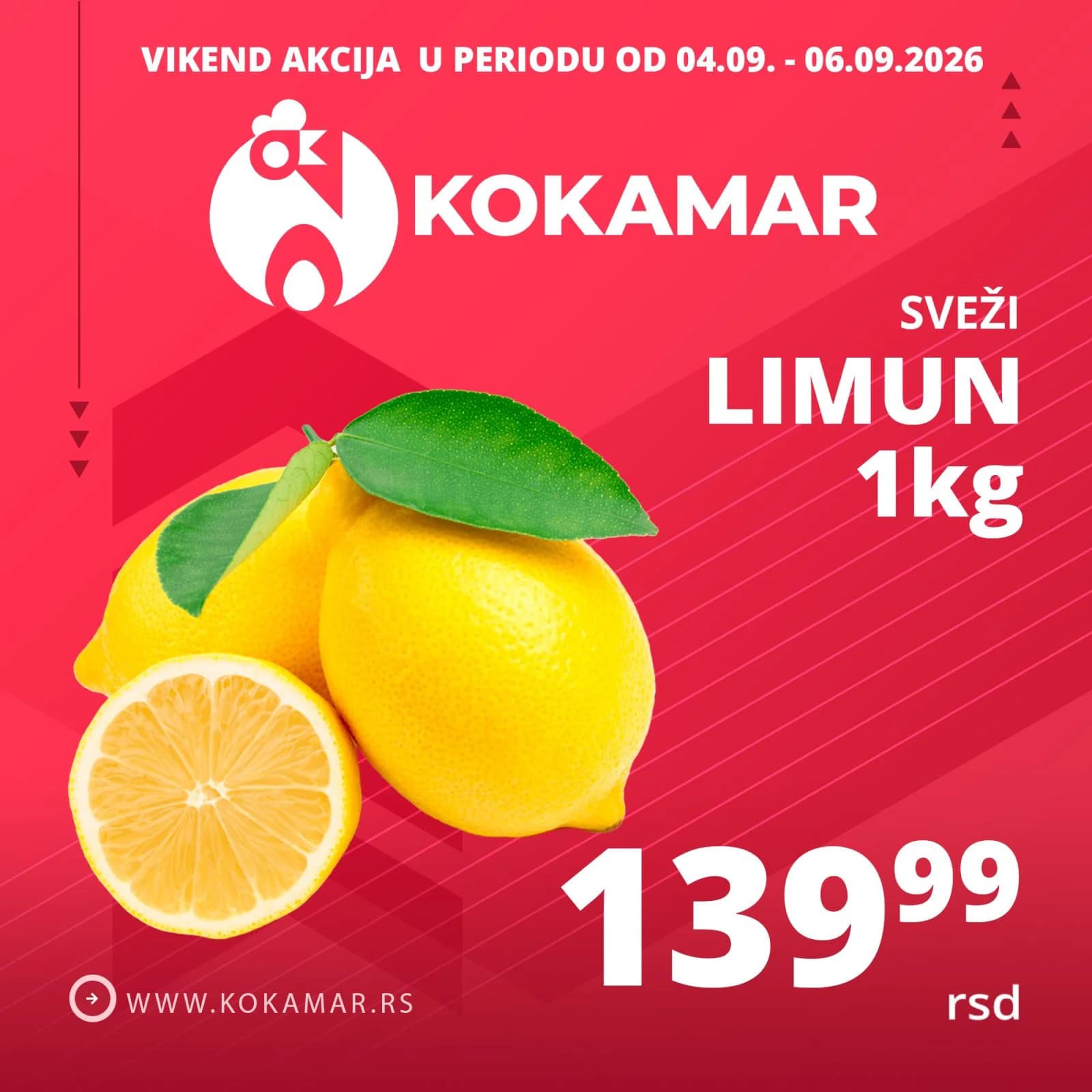 Vikend akcija Kokamar – svež limun 1kg 139,99 rsd (04.09.–06.09.2026.)