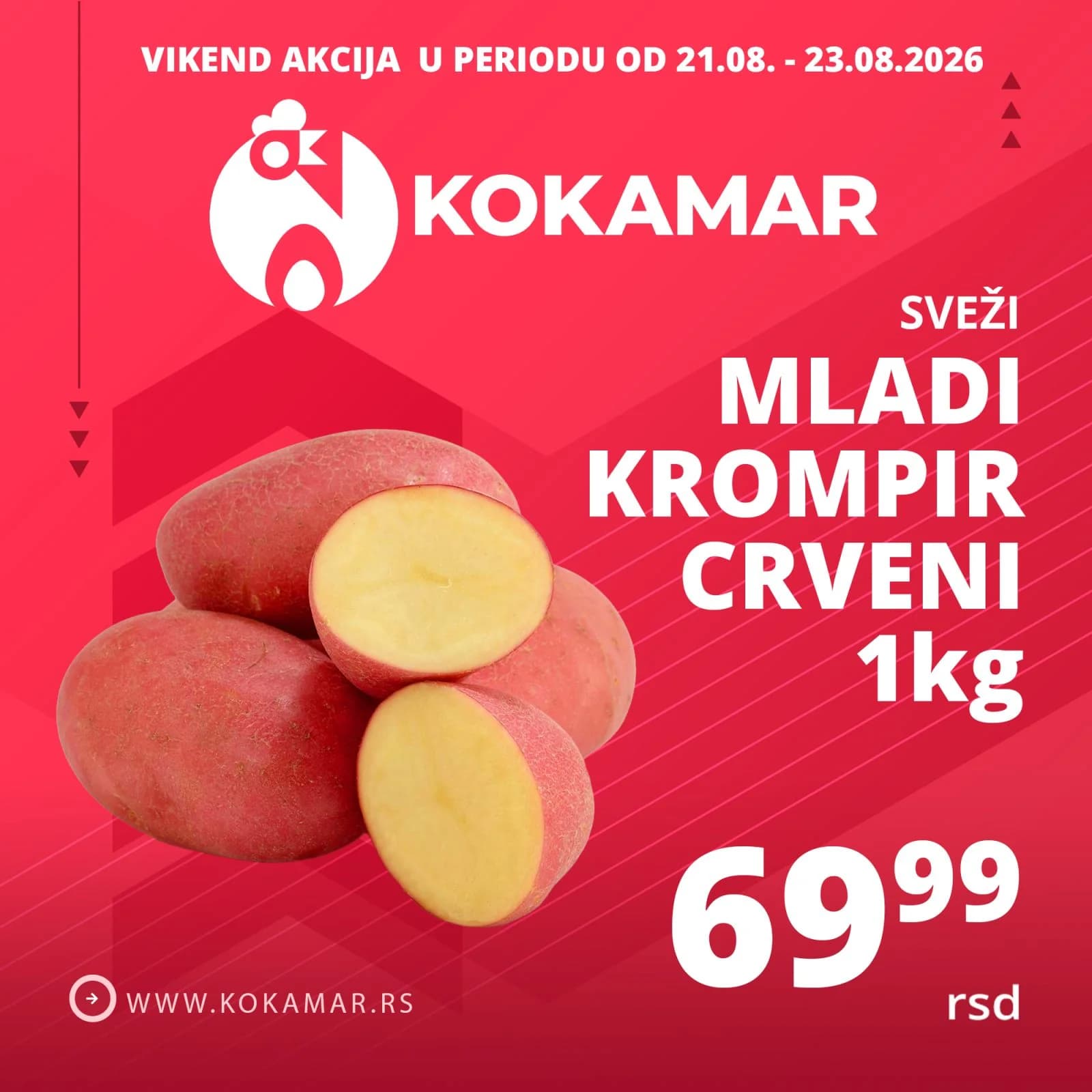 Vikend akcija Kokamar – svež mladi krompir crveni 1kg 69,99 rsd (21.08.–23.08.2026.)