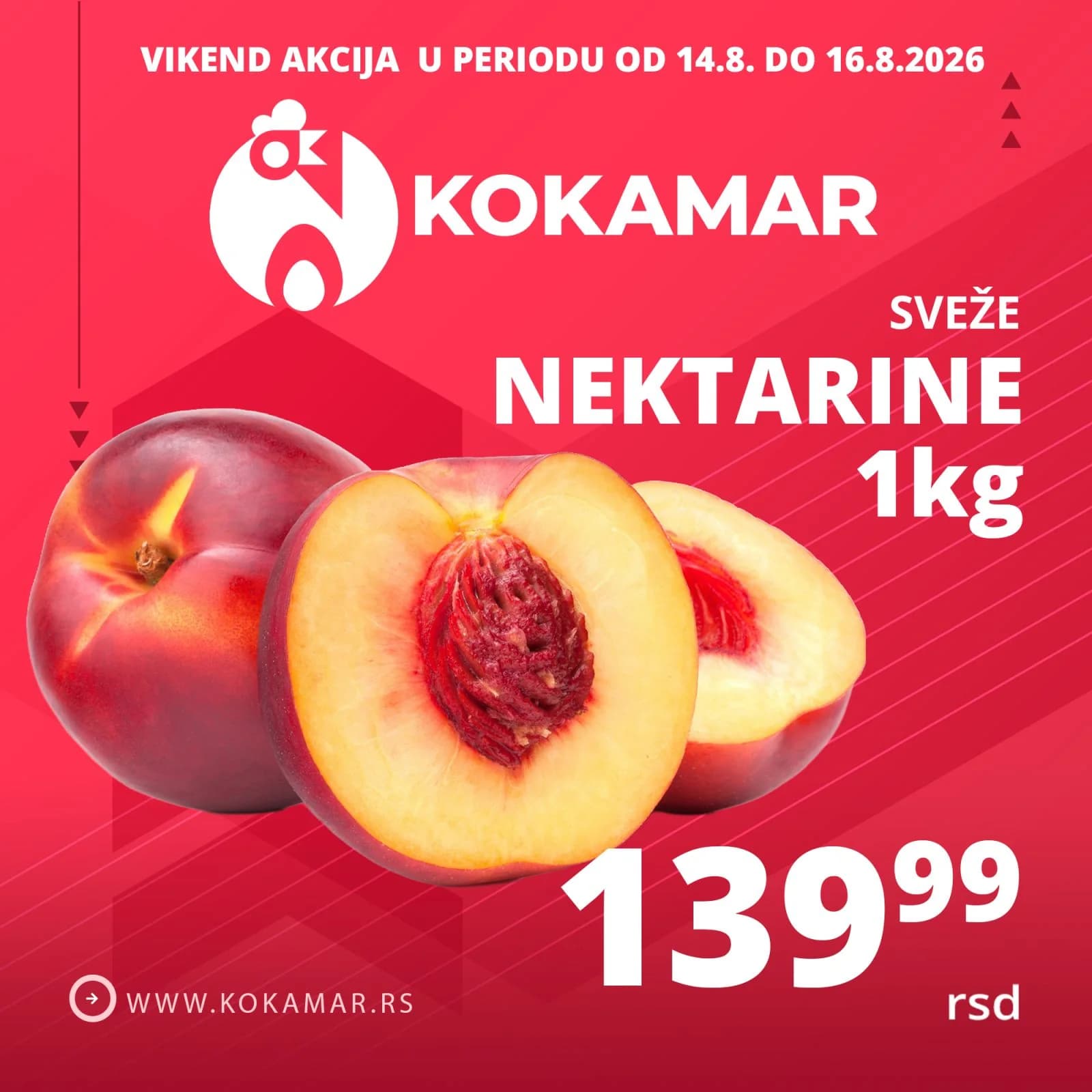 Vikend akcija Kokamar – sveže nektarine 1kg 139,99 rsd (14.08.–16.08.2026.)