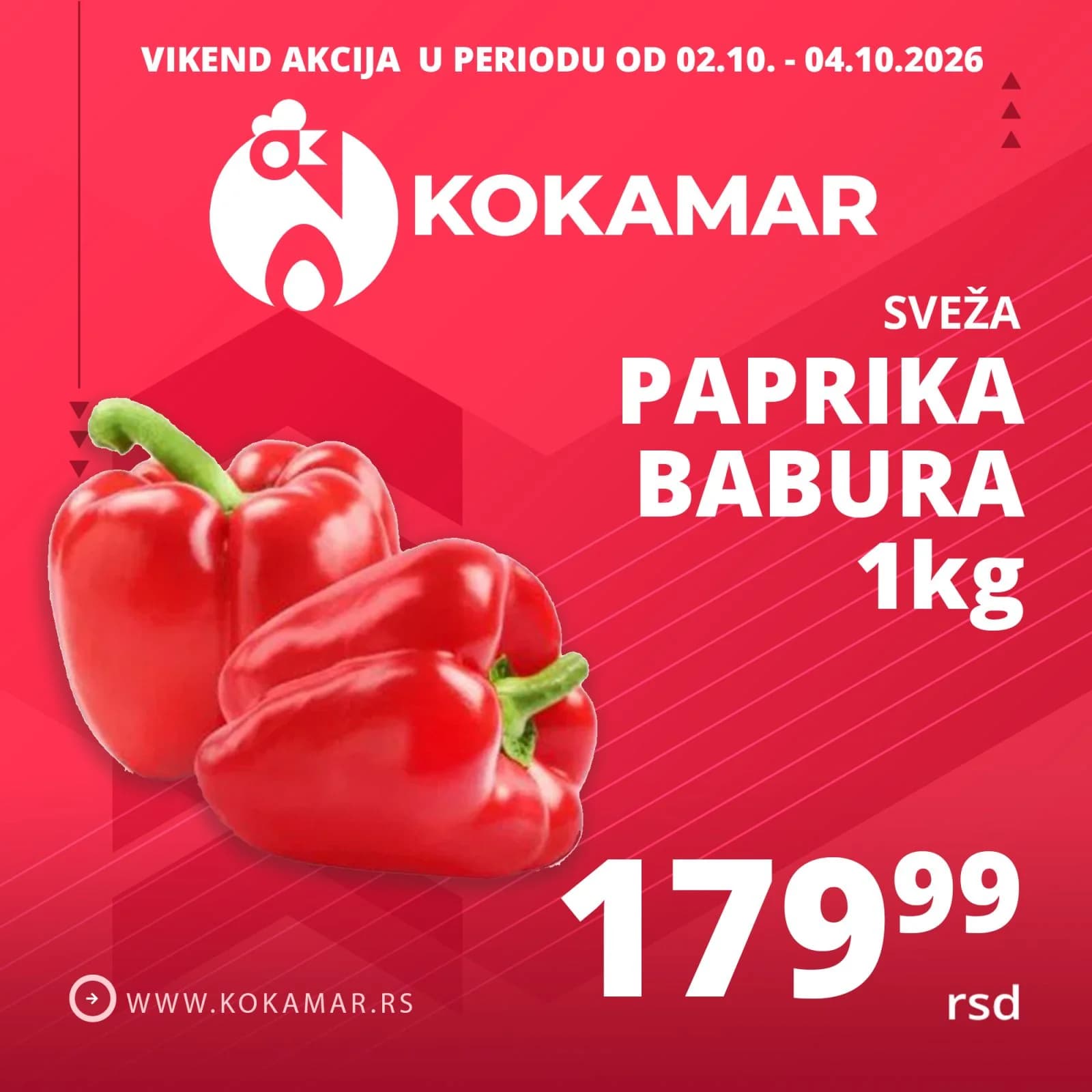 Vikend akcija Kokamar – sveža paprika babura 1kg 179,99 rsd (02.10.–04.10.2026.)