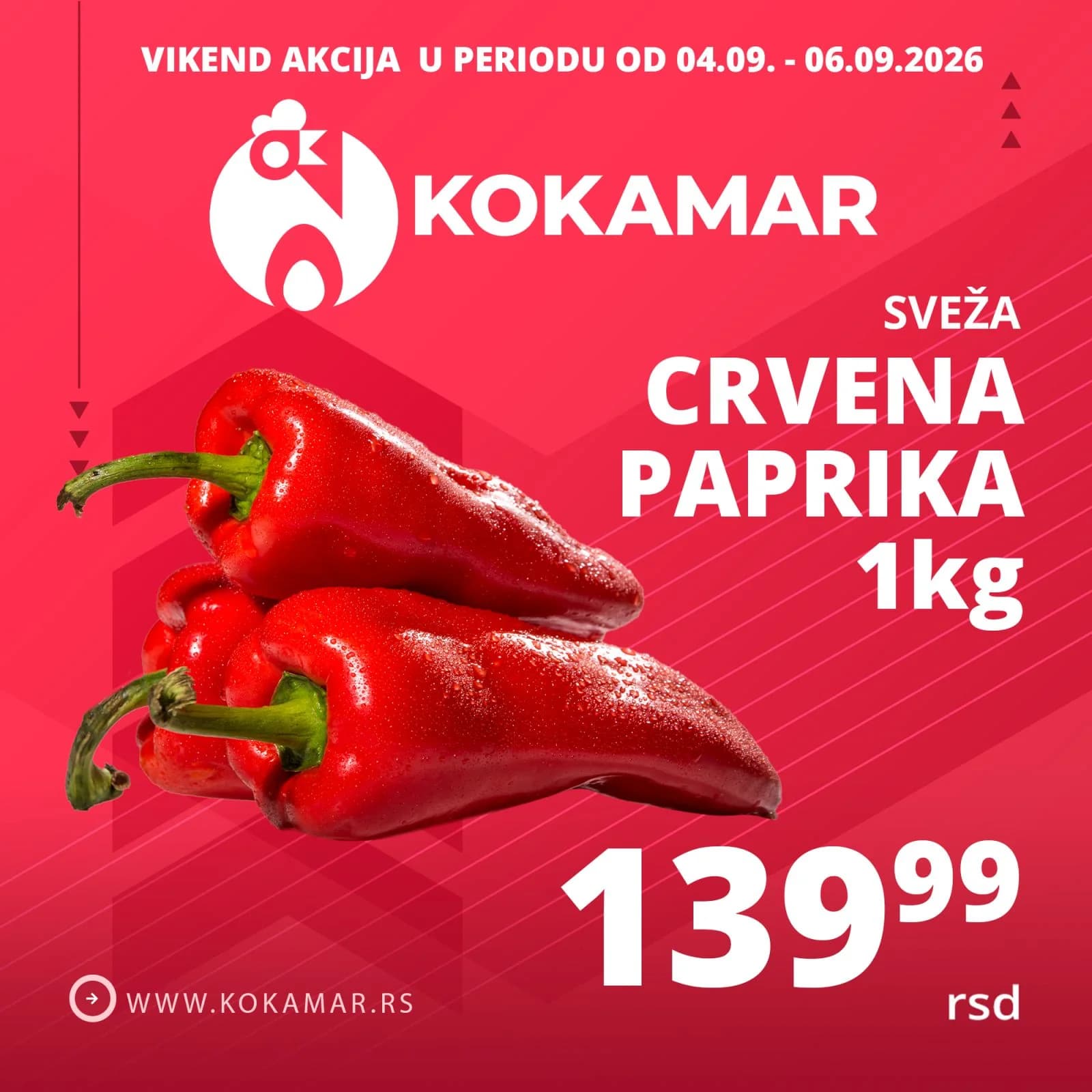 Vikend akcija Kokamar – sveža crvena paprika 1kg 139,99 rsd (04.09.–06.09.2026.)