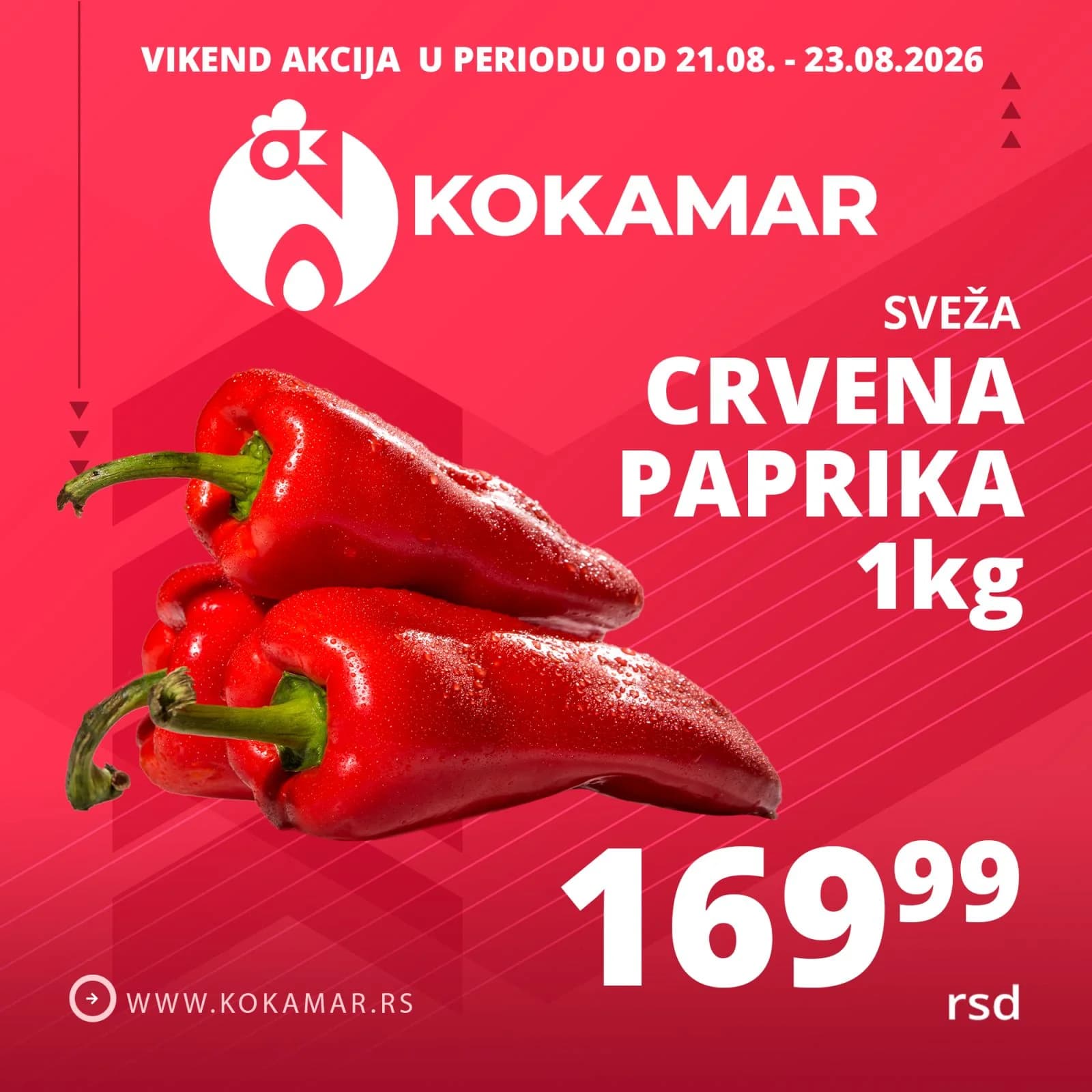 Vikend akcija Kokamar – sveža crvena paprika 1kg 169,99 rsd (21.08.–23.08.2026.)