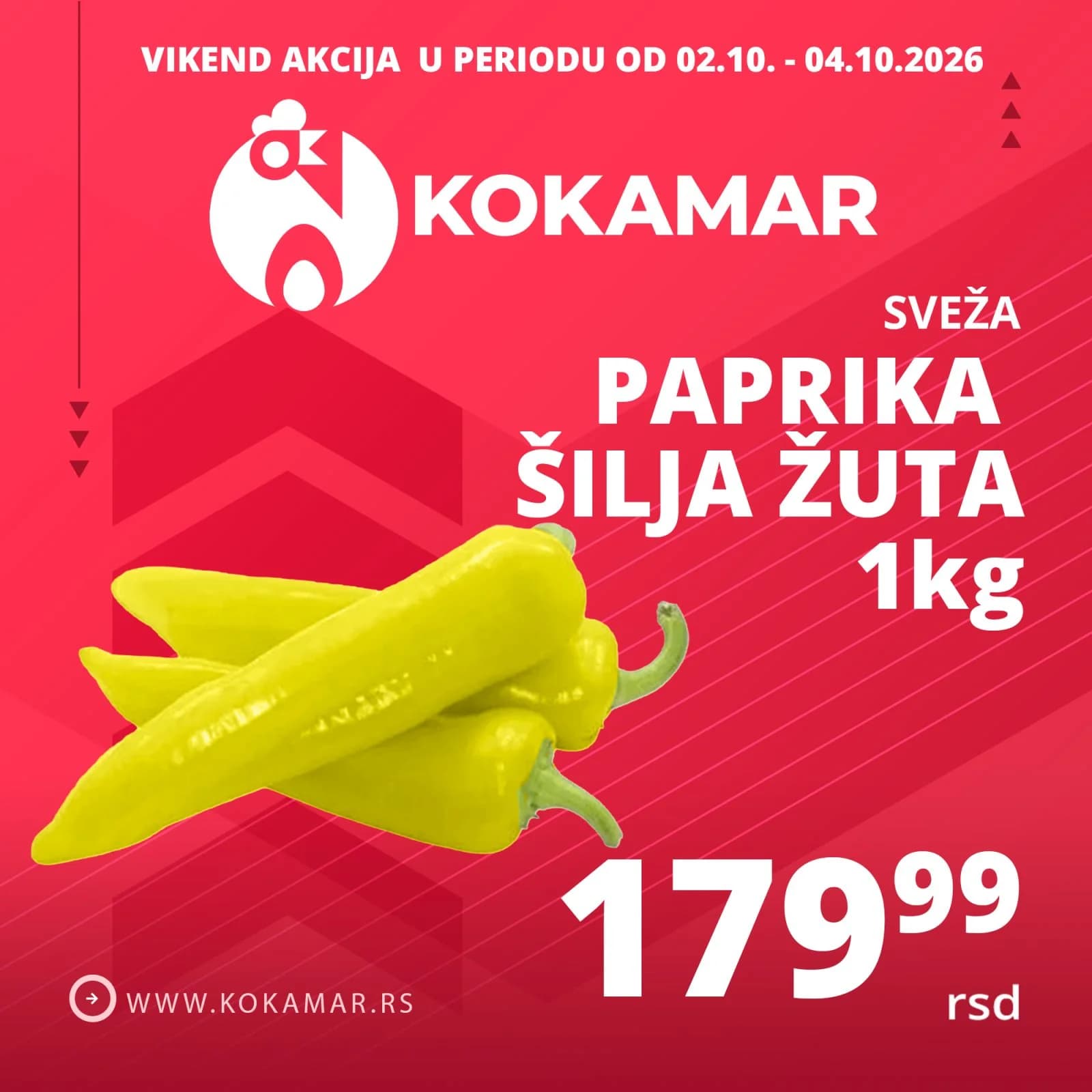 Vikend akcija Kokamar – sveža paprika šilja žuta 1kg 179,99 rsd (02.10.–04.10.2026.)