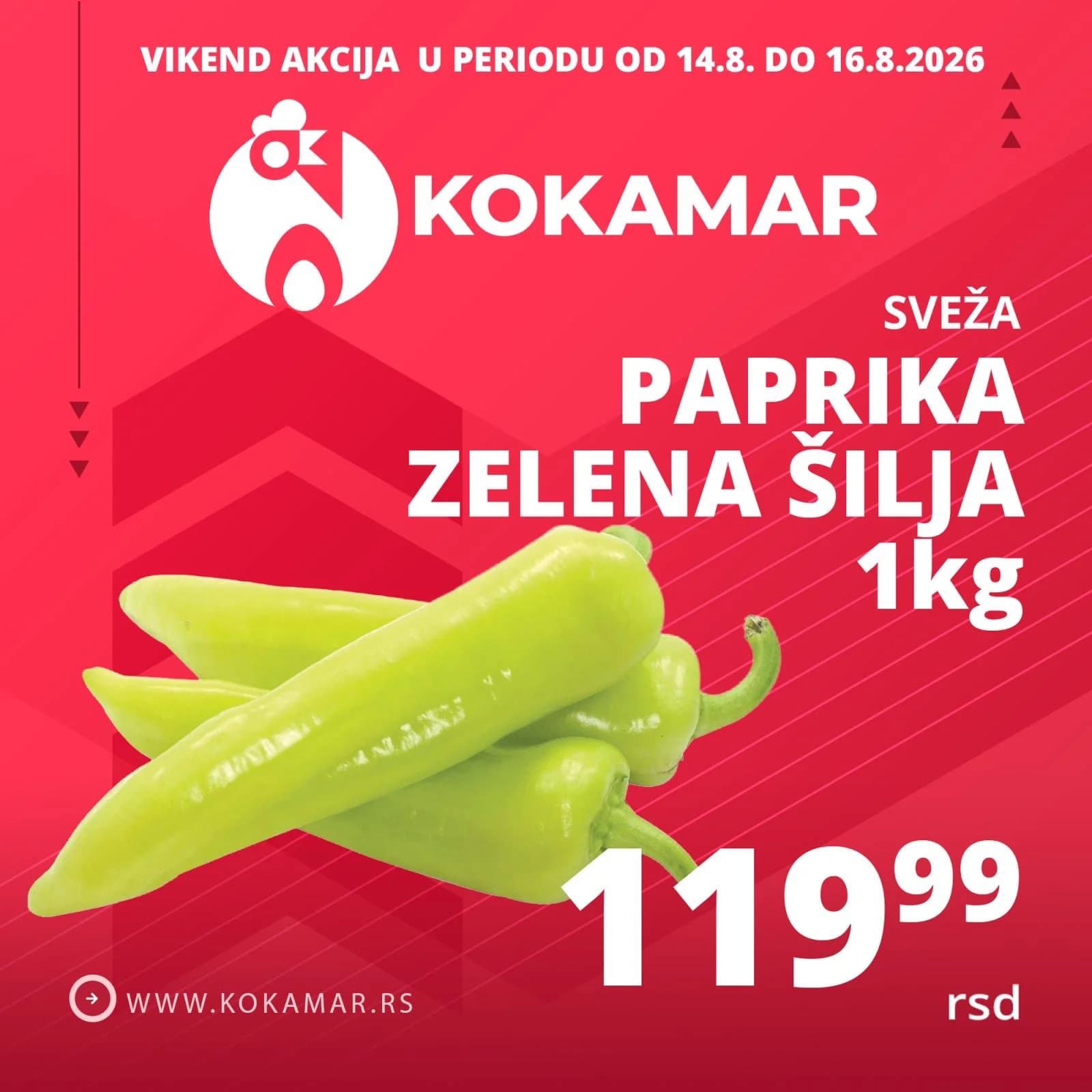 Vikend akcija Kokamar – sveža paprika zelena šilja 1kg 119,99 rsd (14.08.–16.08.2026.)
