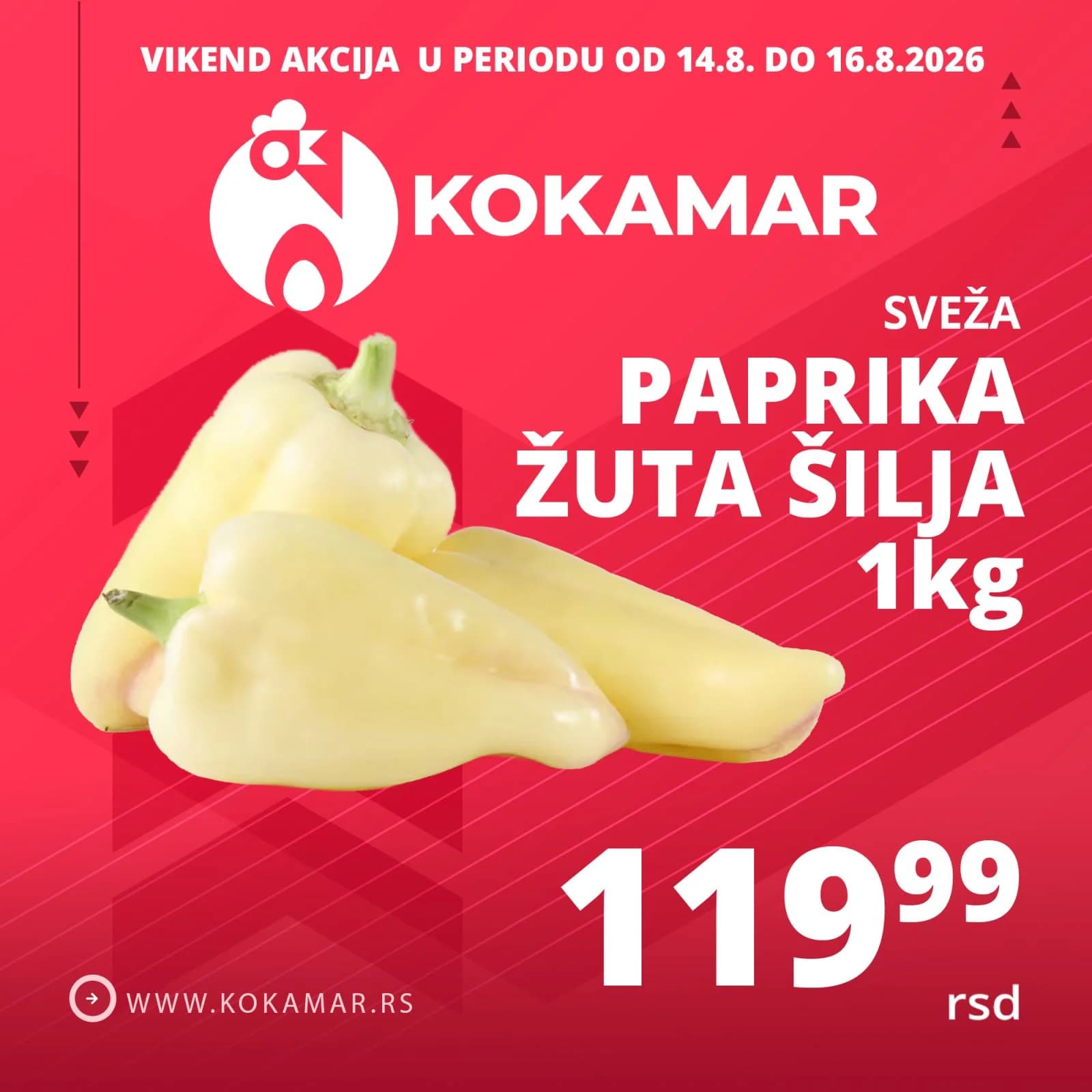 Vikend akcija Kokamar – sveža paprika žuta šilja 1kg 119,99 rsd (14.08.–16.08.2026.)